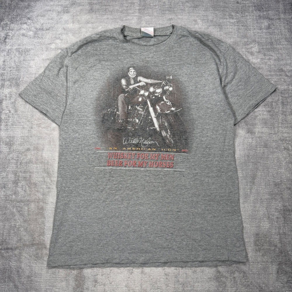Willie Nelson Shirt Mens Large Gray Vtg Y2K Distressed Whiskey For My Men Biker